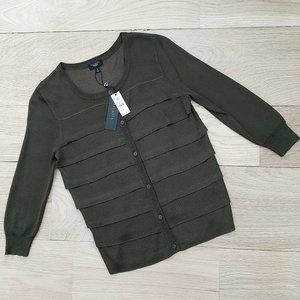 NWT Talbots Tiered Ruffle Front Knit Cardigan, 3/4-Sleeve, Dark Olive, Size PP
